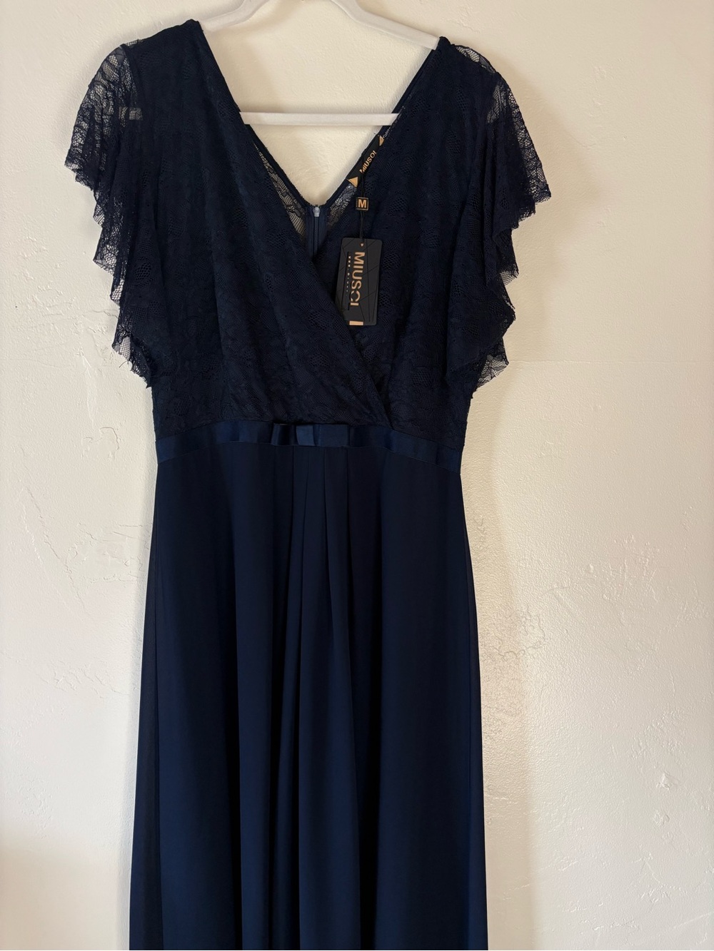 Miusol Navy Lace Bodice Maxi Gown Bow Waist Wedding Formal Size XL - Picture 3 of 7